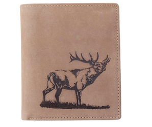 Elegancki portfel skórzany dla myśliwego Jeleń byk Rykowisko – brązowy -12x10cm.